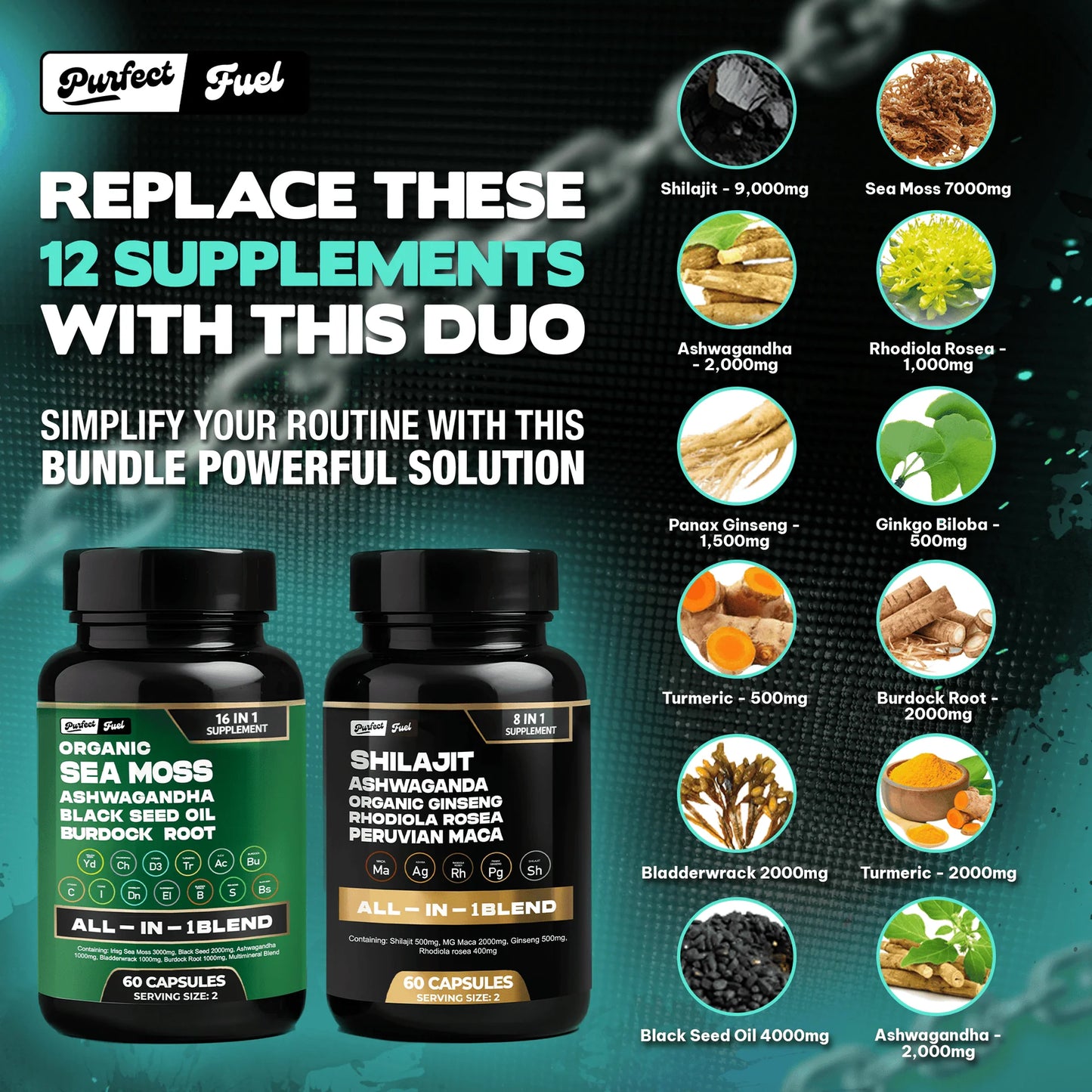 PERFECT FUEL -Sea Moss and Shilajit in convenient potent capsule – your all-in-one wellness solution.