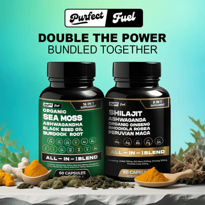 PERFECT FUEL -Sea Moss and Shilajit in convenient potent capsule – your all-in-one wellness solution.