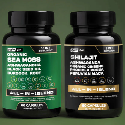 PERFECT FUEL -Sea Moss and Shilajit in convenient potent capsule – your all-in-one wellness solution.