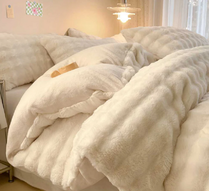 Cozy Puffy Rabbit Fur Blankets with Pillow covers